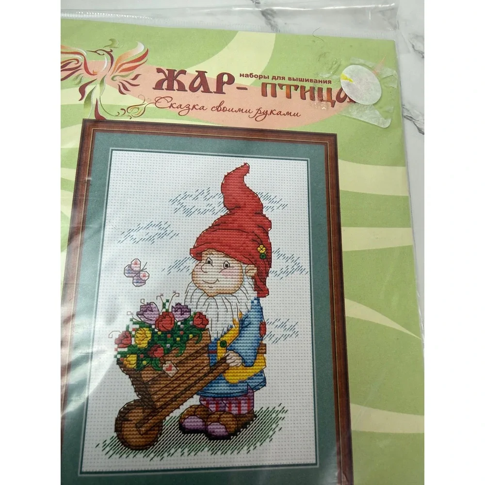 Gnome With Wheel Barrel Flowers Cross Stitch Kit